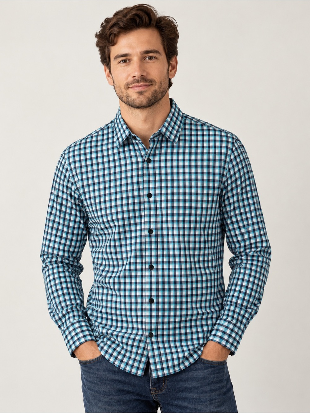 Express Men’s Blue and Black Gingham Button-Down Shirt